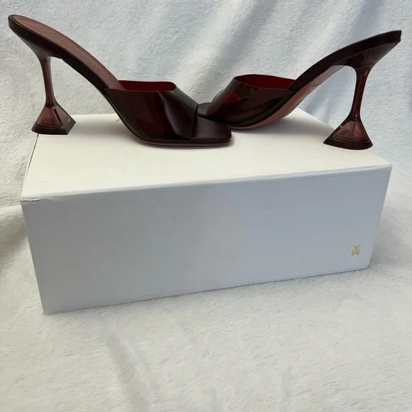 Authentic Amina Muaddi Lupita Glass mules in a rich wine / burgundy tone. - Picture 2 of 7